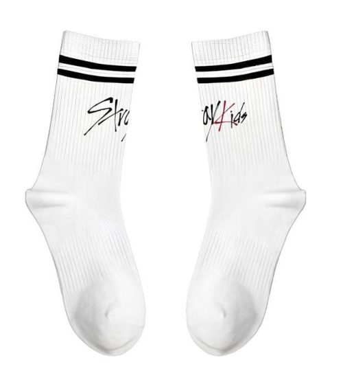Stylish white K-pop merchandise socks with black stripes and signature design elements.