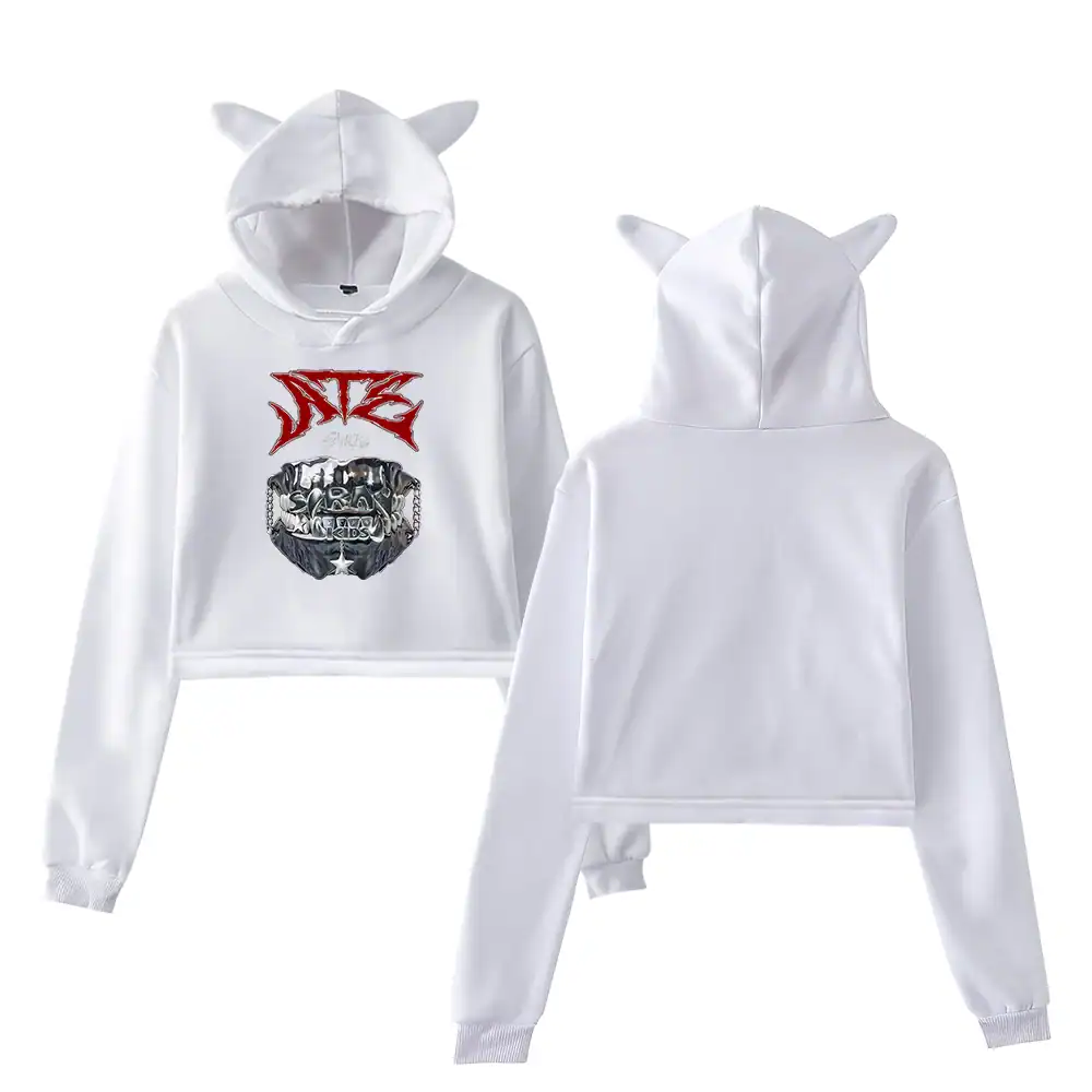 White hooded sweatshirt with cat ears, featuring bold graphic print and "Kpop merch" text. Perfect for fans to showcase love for K-pop idols with cute and trendy style.