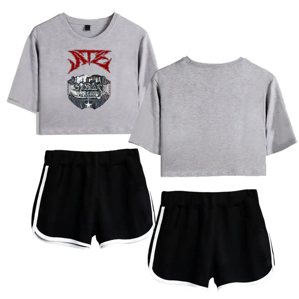 Anime graphic crop top and shorts set, casual streetwear for fans, trendy comfortable clothing, versatile outfits, stylish and easy to wear, perfect for everyday or concerts, in grey and black.