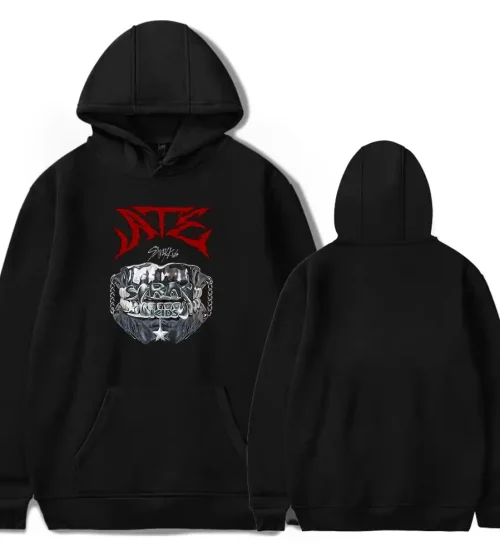 High-quality black hoodie with bold red and silver K-pop inspired graphic design, perfect for Kpop merch fans and music enthusiasts.