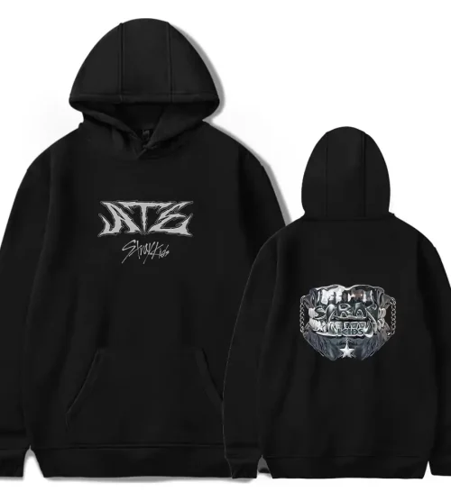 Black hoodie with graffiti-style art and chain graphics, perfect for K-pop fans and streetwear enthusiasts.