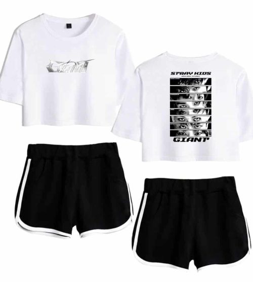 Giant and Stray Kids graphic T-shirt and shorts set for K-pop fans.