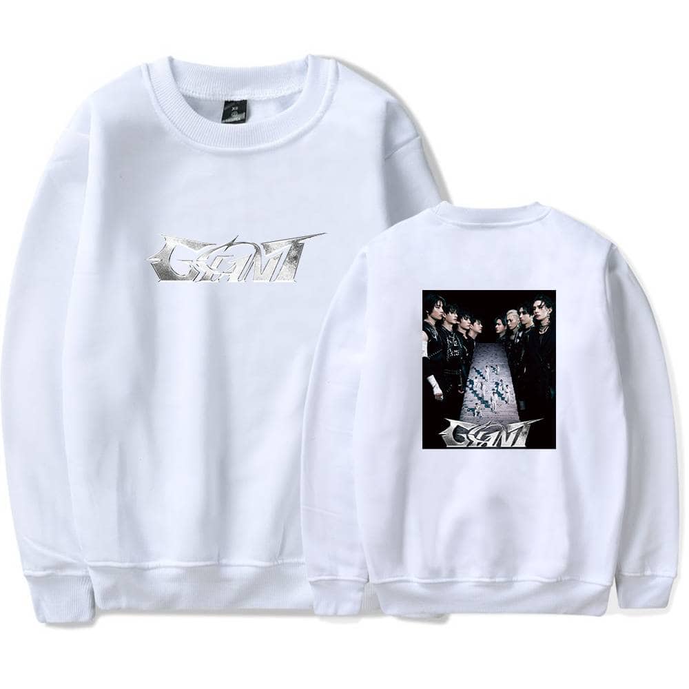 High-quality K-pop merch sweatshirt featuring a sleek logo and a photo of a K-pop group on the back, perfect for fans to showcase their favorite band and style.