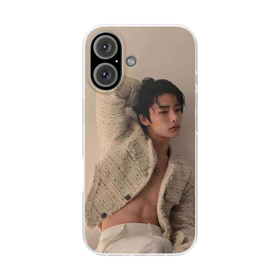 Iphone case with a young man wearing a beige knit cardigan, black hair, and a serious expression, posing against a plain background.