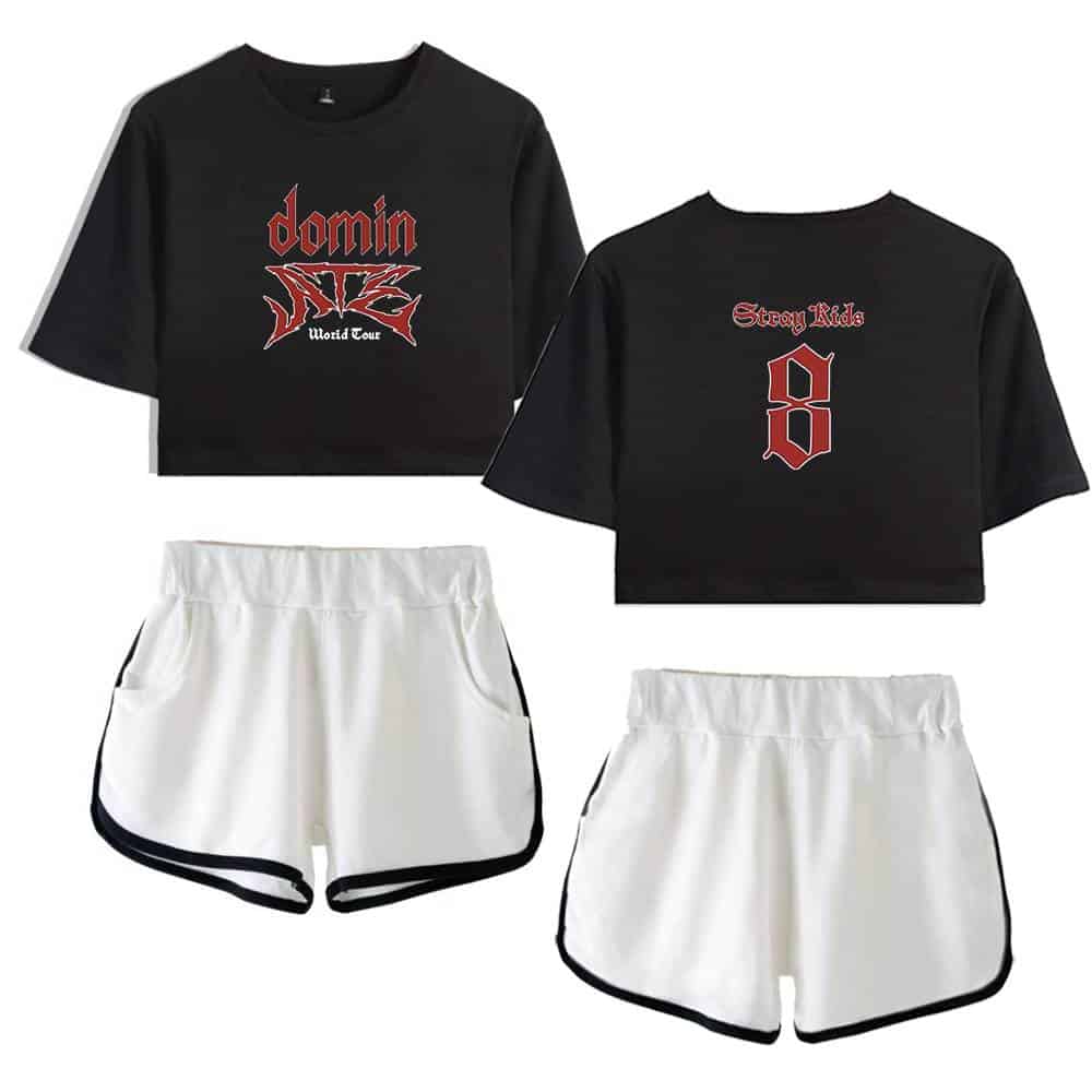 Dynamite graphic t-shirt and shorts set for K-pop fans, stylish black and white casual wear for music lovers.
