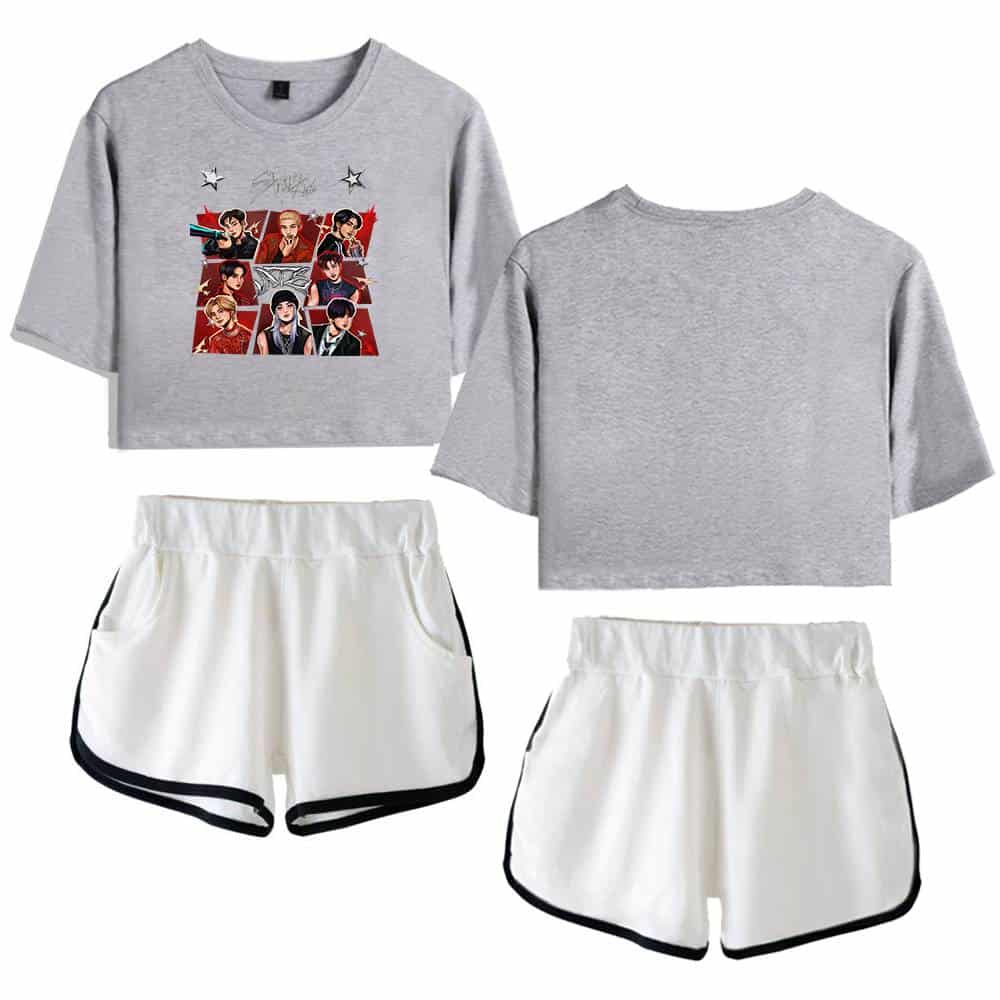 Kpop merch t-shirt and shorts set featuring a cartoon design of K-pop idols.