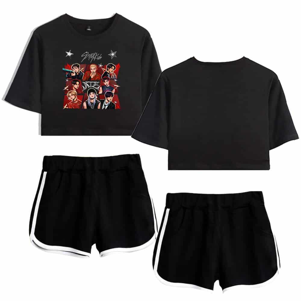 Shawn Mendes group K-pop fan merchandise, black cropped T-shirt with colorful graphic print of artists, matching black shorts with white trim, casual streetwear style, trendy and sporty.