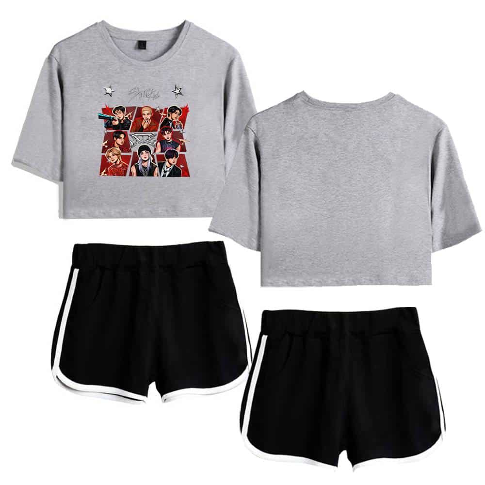Anime K-pop merchandise featuring a trendy casual outfit, including a graphic T-shirt with K-pop idols and stylish shorts. Perfect for fans looking to showcase their fandom.