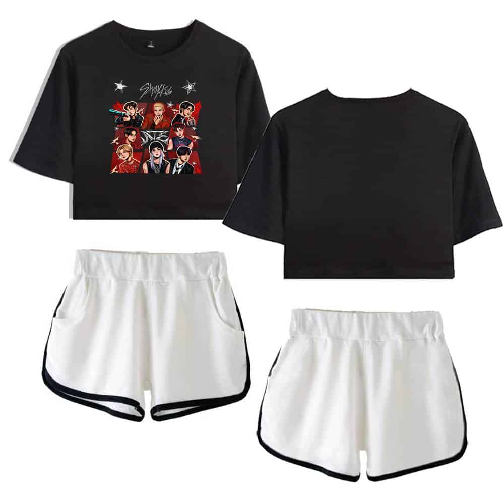 Kpop merch black and white crop top and shorts with group graphic design.