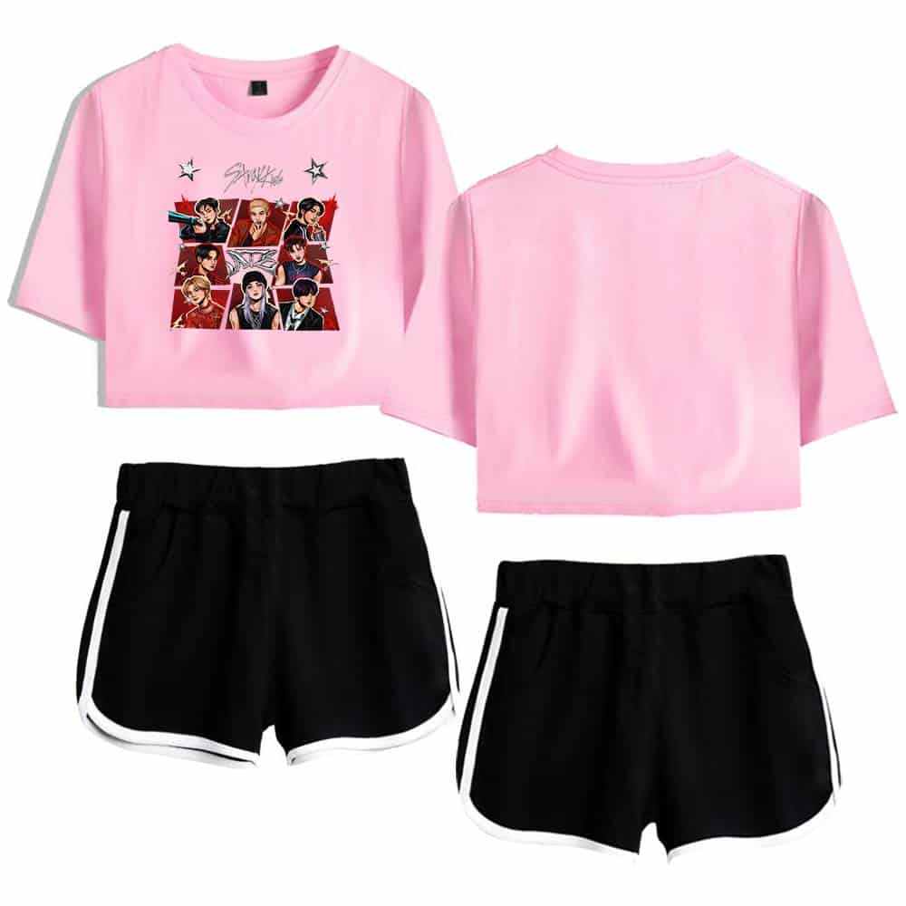 Colorful K-pop girl group printed t-shirt with shorts, trendy merchandise for fans.
