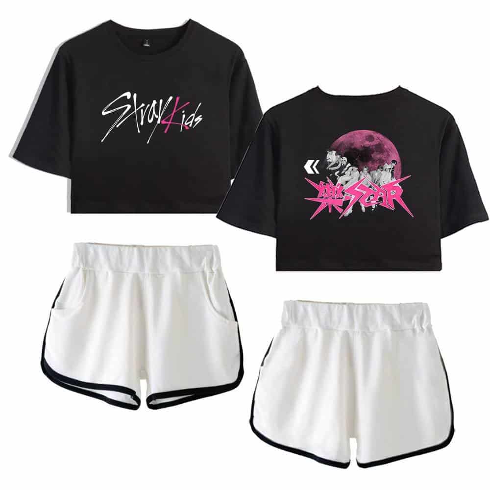 Stylish K-pop merch featuring Stray Kids and Treasure graphic designs on cropped t-shirts and sporty shorts. Perfect for fans and casual wear.