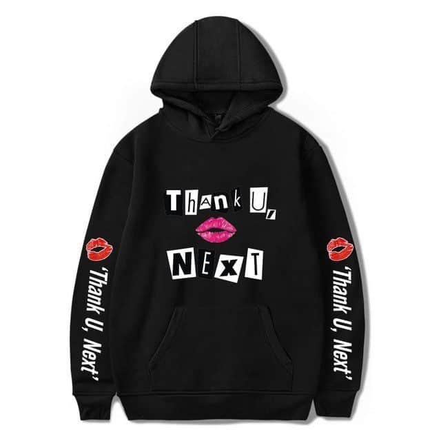 Thank U, Next hoodie with lips graphic and thank you message, popular K-pop merch item.