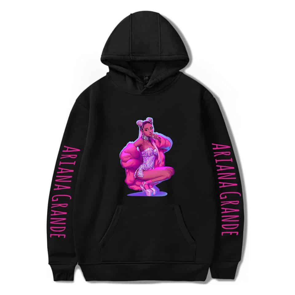 Ariana Grande hoodie with her image and name printed on the sleeves, perfect for K-pop merchandise fans.