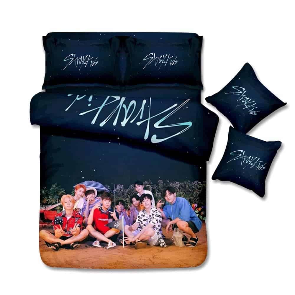 Bts kpop merchandise with group photo and starry night design.