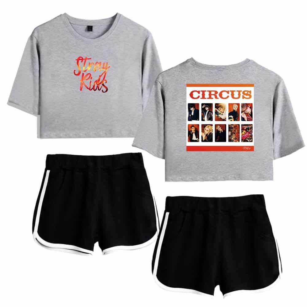 Kpop merch sweatshirt and shorts set featuring STRAY KIDS and CIRCUS graphics.