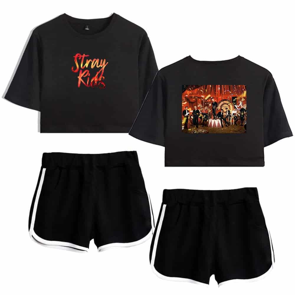Kpop merch graphic t-shirt and shorts set featuring Stray Kids band design and stage photo.