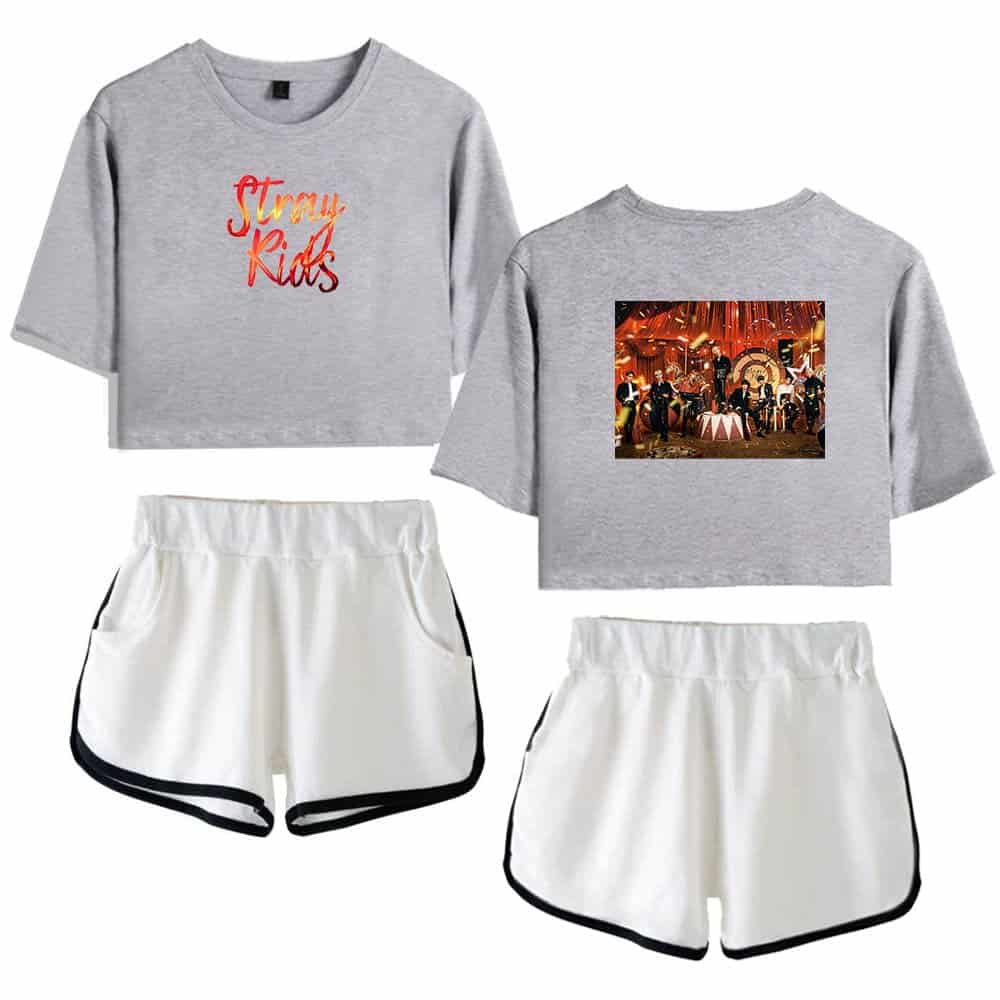 Kpop merch, stylish casual clothing set featuring graphic sweatshirts and sporty shorts. Perfect for K-pop fans and concerts.