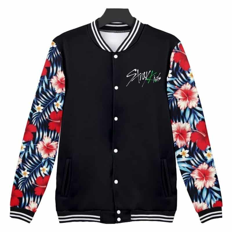 Kpop merch floral hoodie with colorful sleeves and streetwear style.