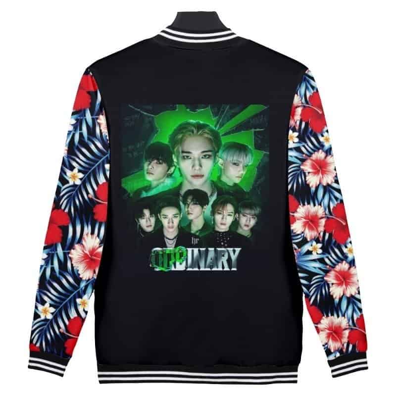Stylish K-pop merch hoodie with colorful floral sleeves and a band graphic print on the back.