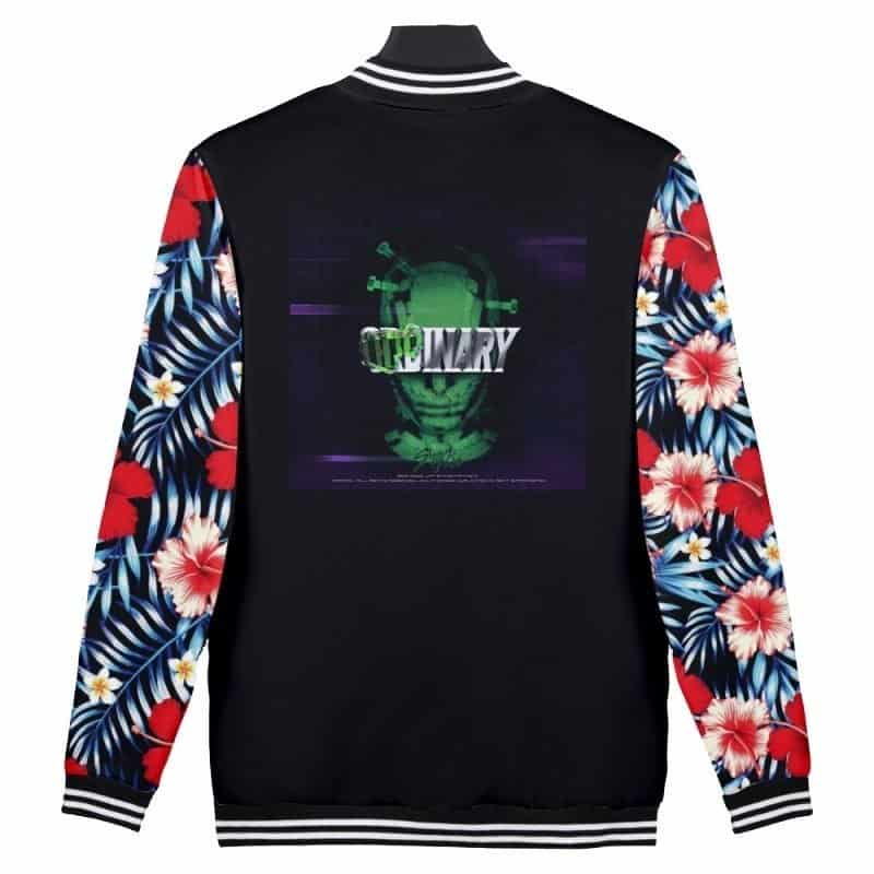 Black varsity jacket with floral sleeves and graphic text "Cyber Navy" on the back.