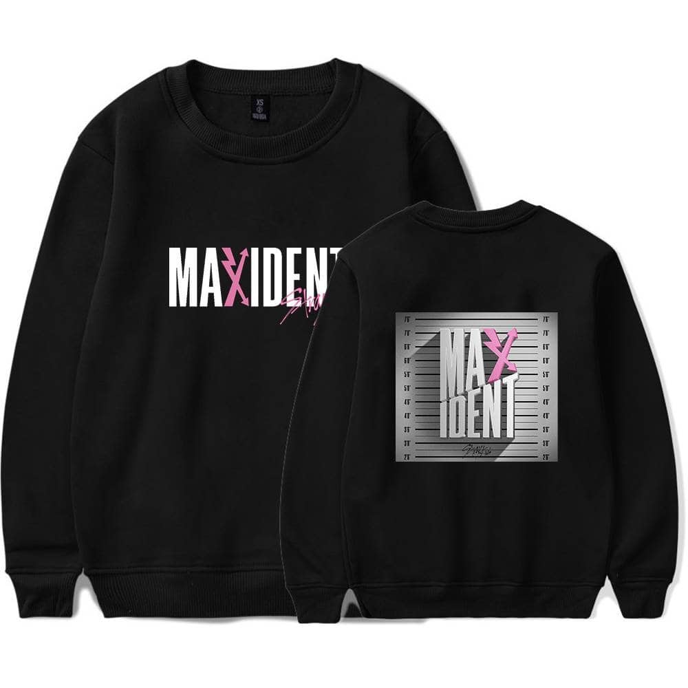 Maxidnt Kpop merch sweatshirt with bold logo design and pink accents.