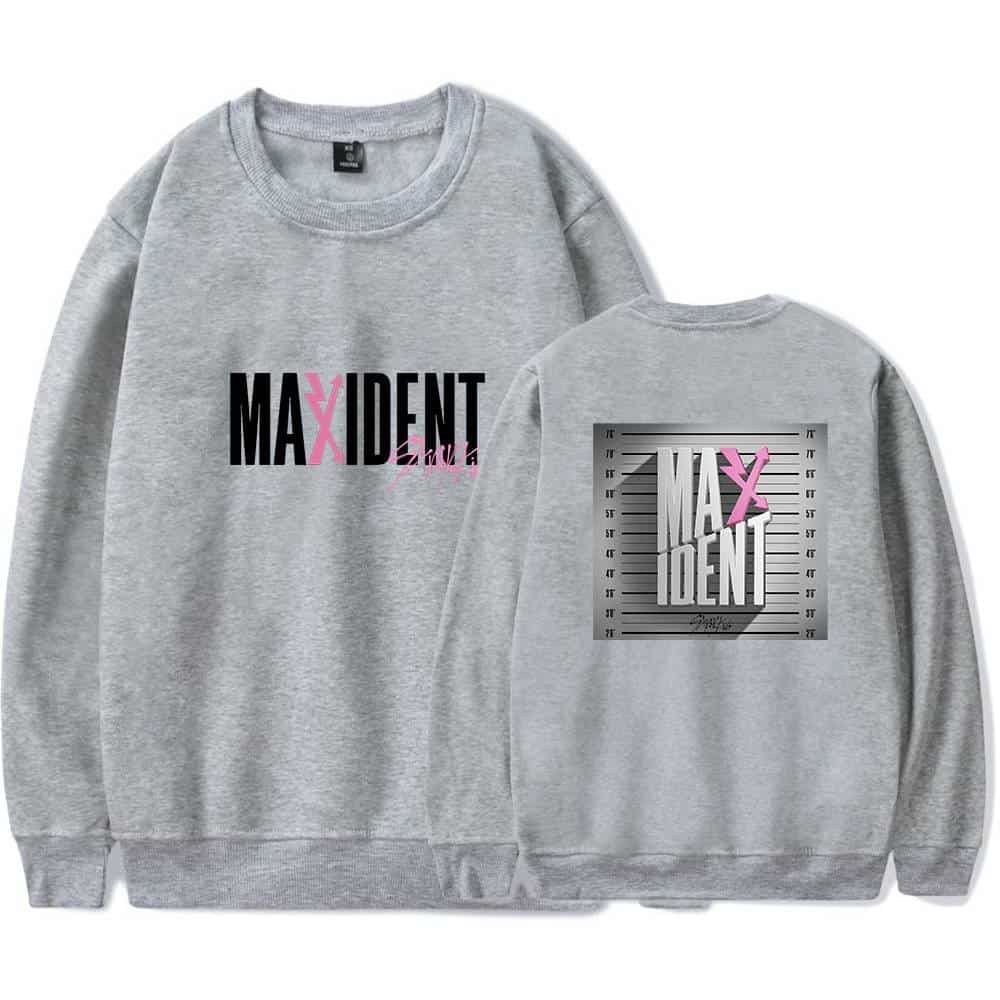 MaxIDent Kpop merch sweatshirt with graphic design and logo print.