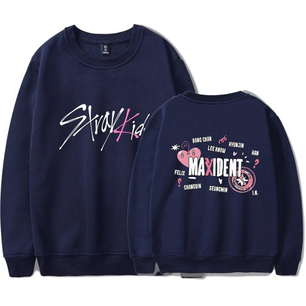 Graphic K-pop sweatshirt with BTS members' names and cartoon designs.