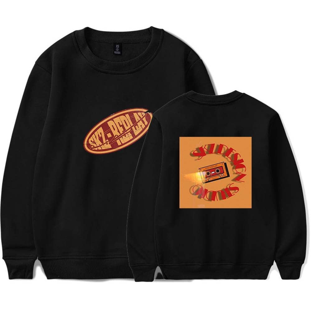 Kpop merch sweatshirt with retro logo design featuring a cassette tape graphic and bold text.