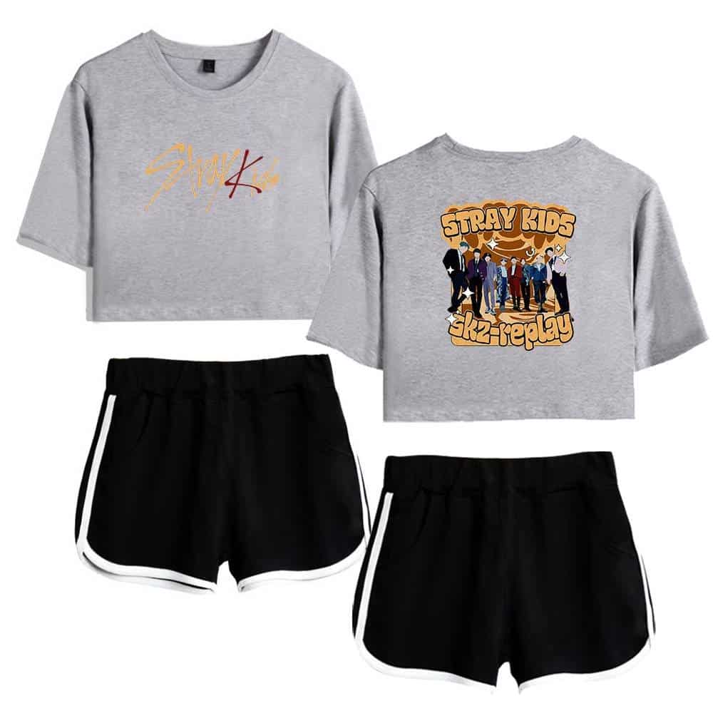 Graphic grey t-shirts and black shorts set featuring K-pop band designs and logos for fans of Kpop merch.