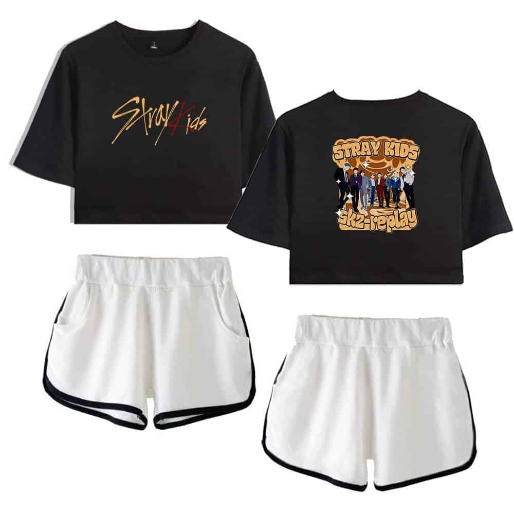 Stray Kids graphic crop top and shorts set, K-pop merchandise for fans.