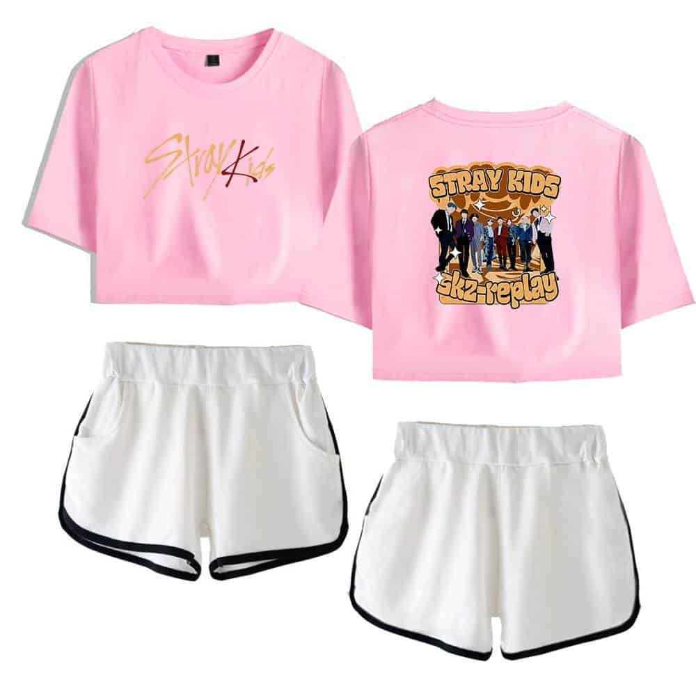 Pink Stray Kids T-shirt with group graphic and signature design, paired with white sporty shorts for K-pop merchandise fans.
