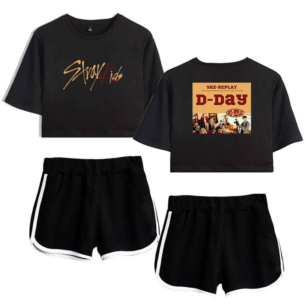 Black K-pop merch set featuring oversized graphic t-shirts and matching athletic shorts for a trendy, casual look.