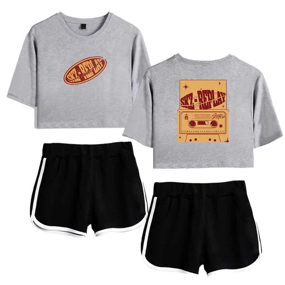 Vintage K-pop merch t-shirt and shorts set featuring retro design and bold graphics. Perfect for fans and casual wear. Bright and stylish casual K-pop apparel.