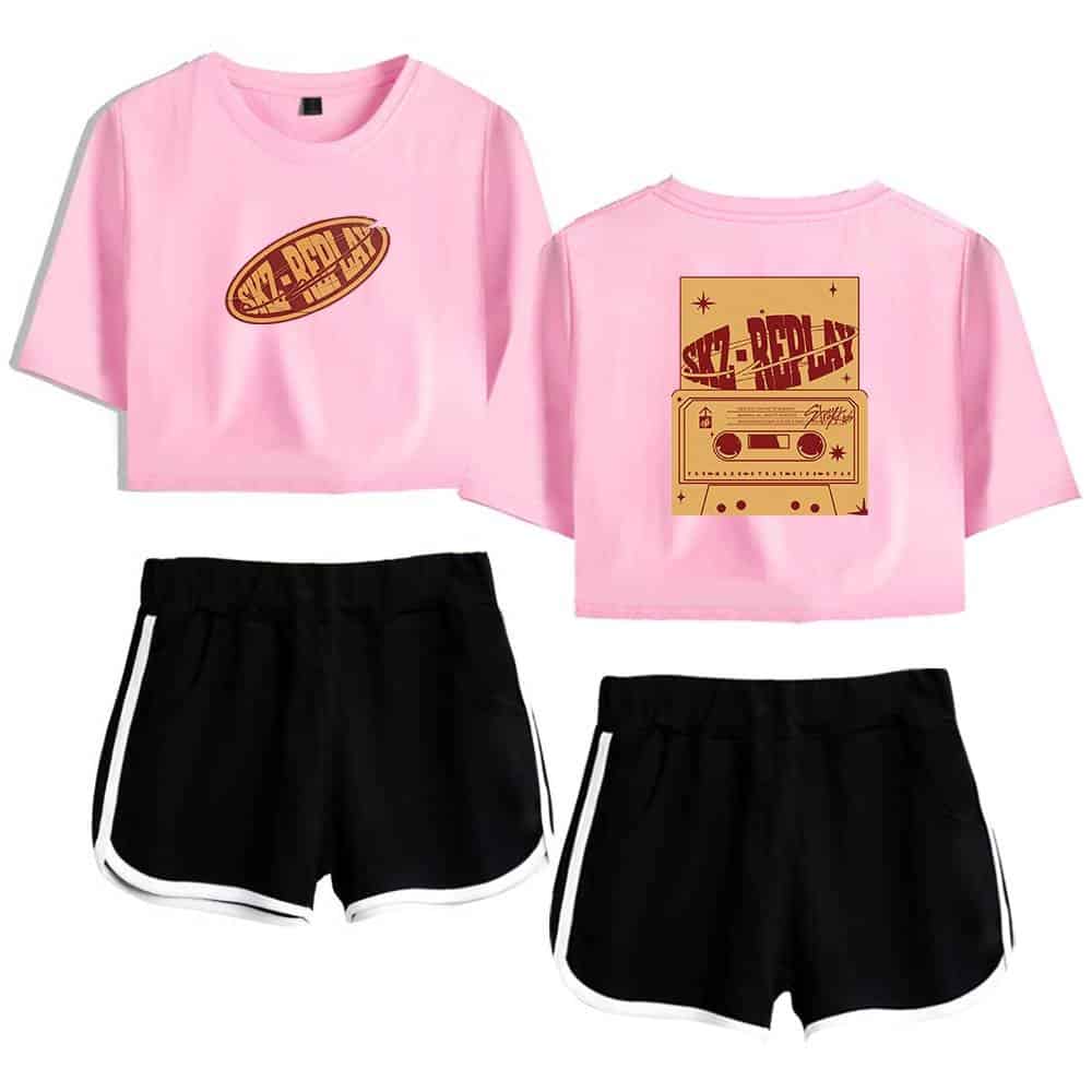 Vintage pink crop top with SKZ-PYMY label design, casual streetwear fashion.