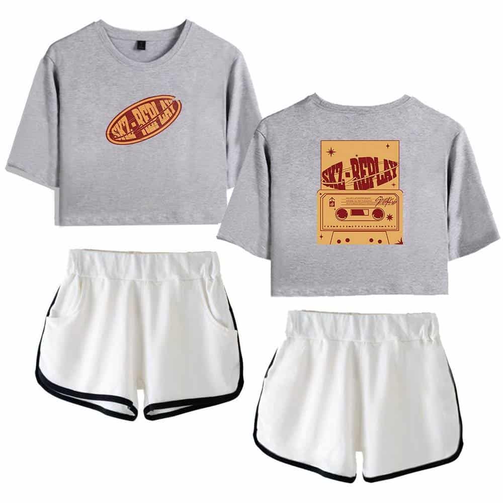 Kpop merch sweatshirt and shorts set with retro cassette tape design.