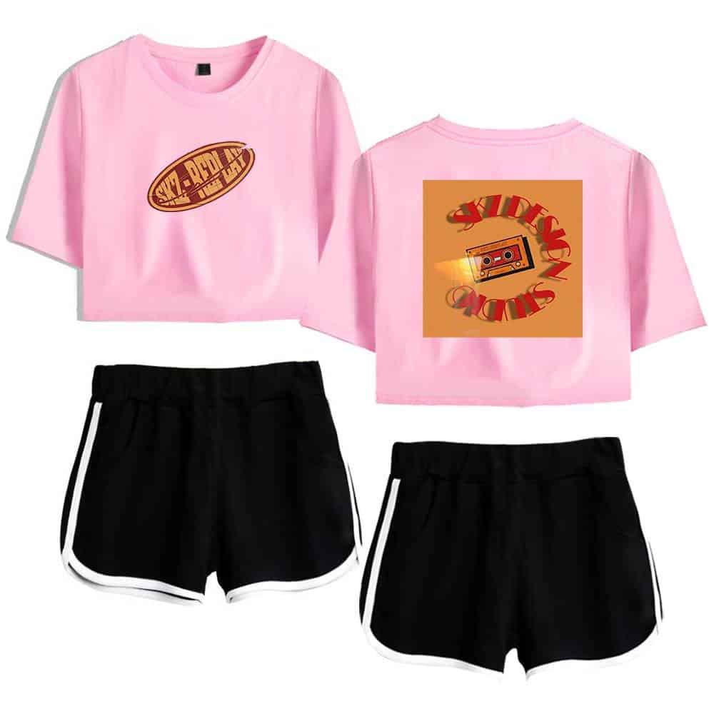 Kpop merch pink shorts set with vintage cassette tape graphic on T-shirts.