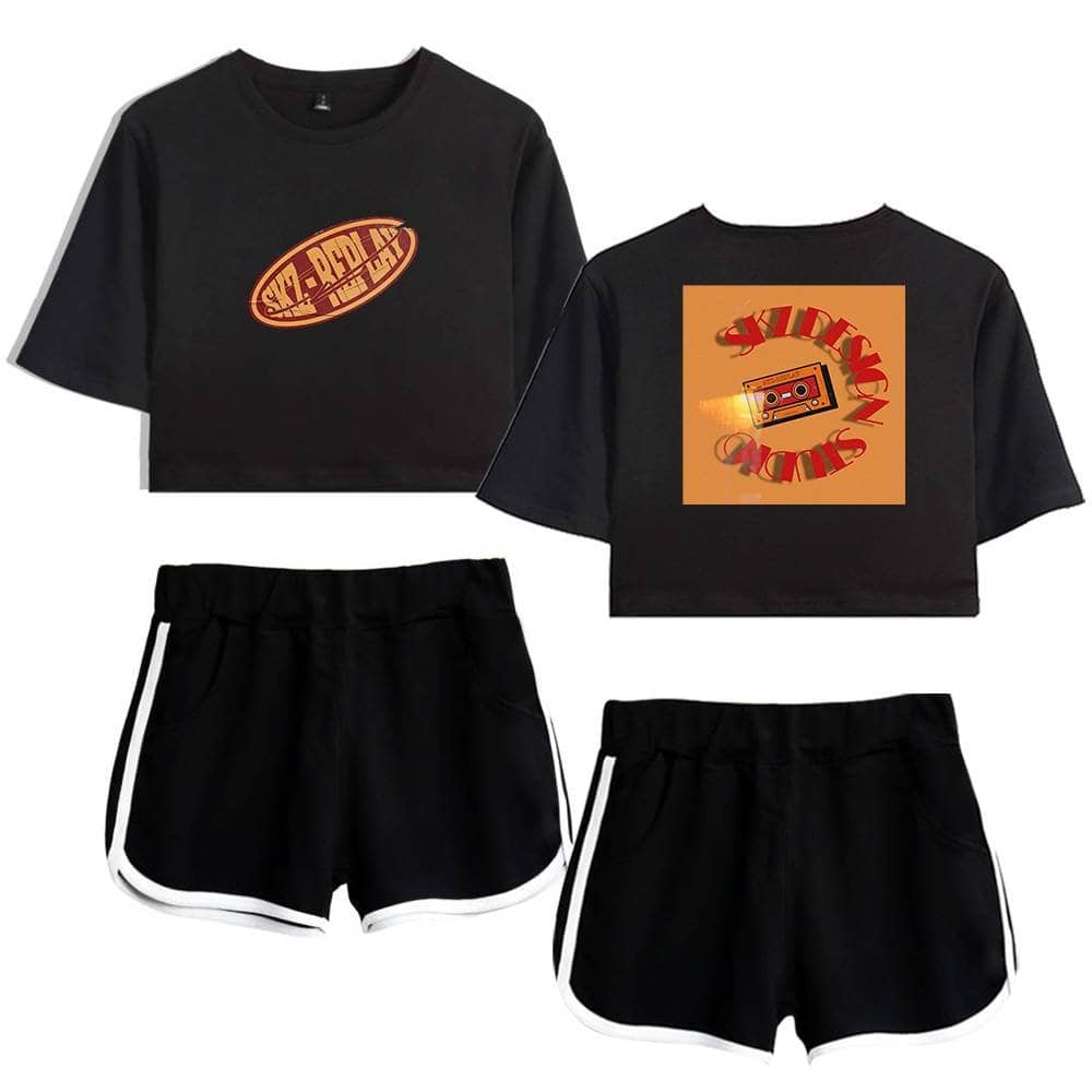 Casual black K-pop themed outfit with graphic t-shirts and shorts.