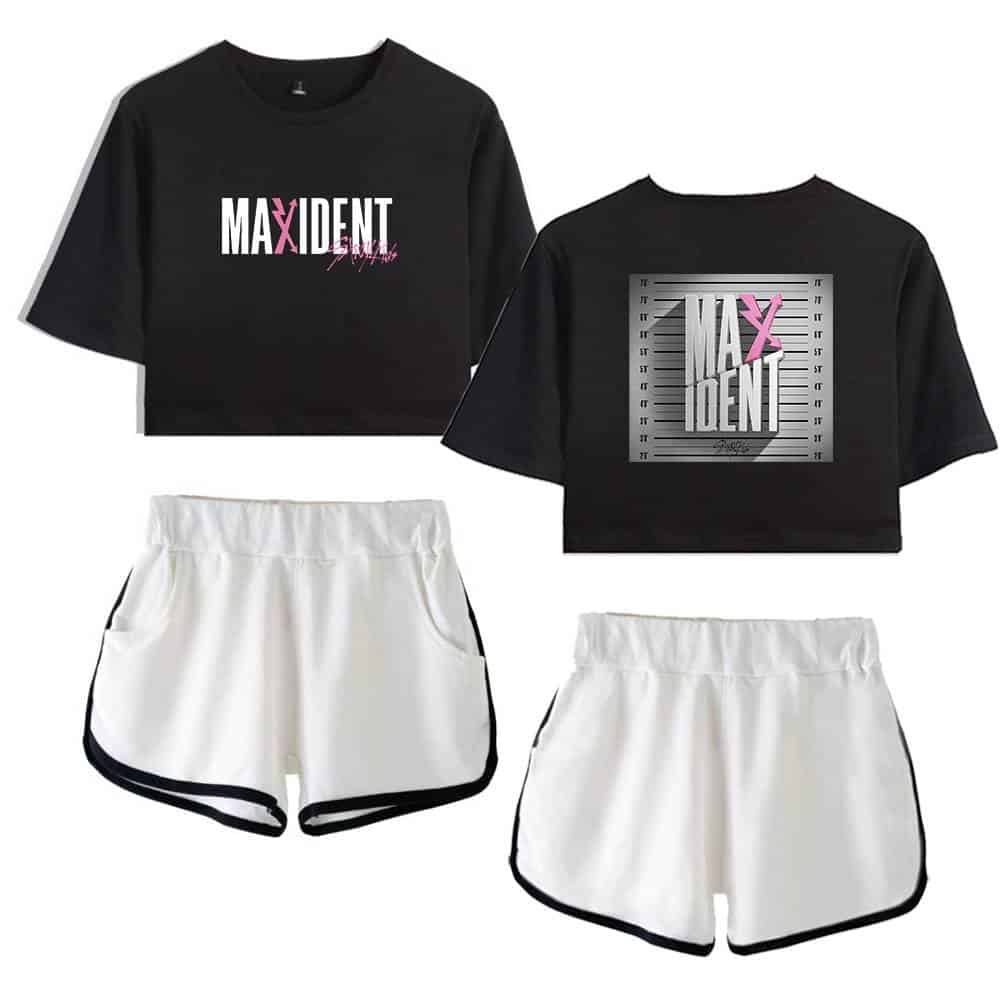 Maxidnt band black crop top with pink and white logo, casual streetwear style, trendy and comfortable for music fans, stylish kpop merchandise.