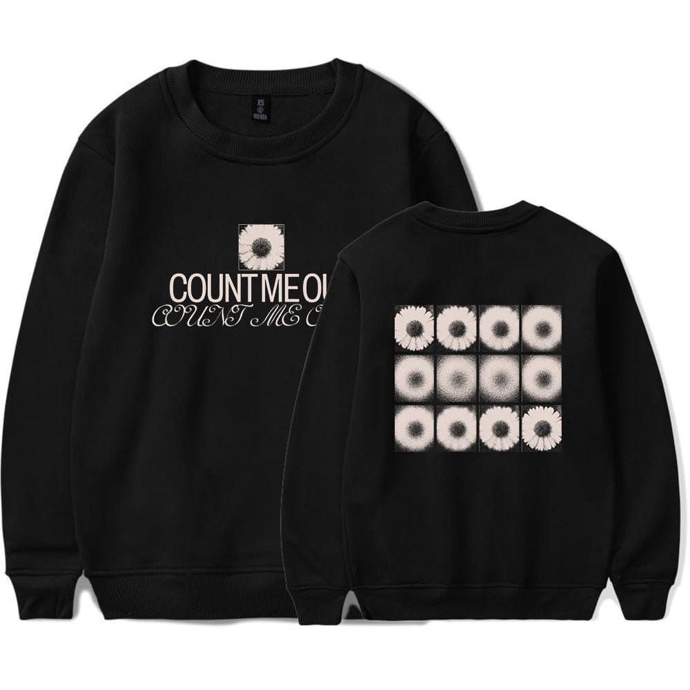 Count Meow black sweatshirt with daisy graphic, Kpop merch.