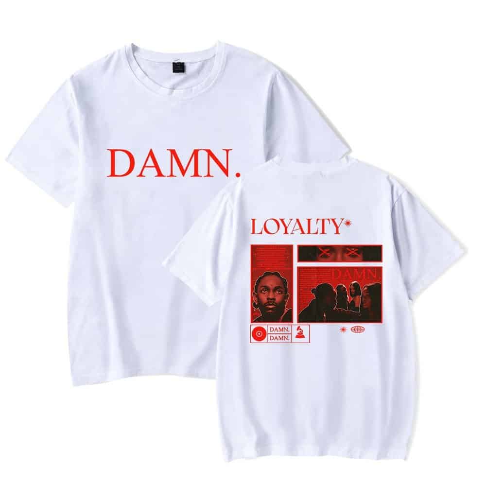 DAMN. graphic t-shirt with bold red text and streetwear style design.