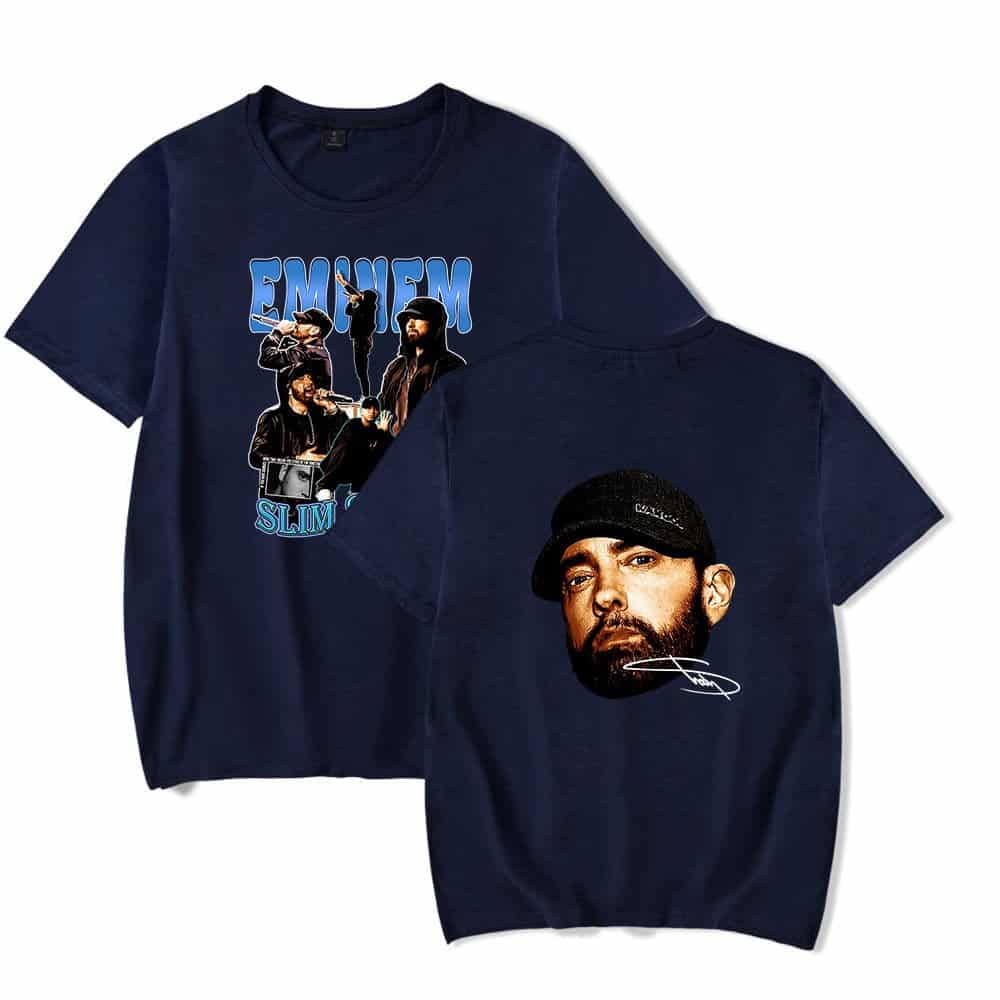 Emiim and Slim Shady graphic T-shirts featuring hip-hop artist designs, perfect for K-pop and K-rap merchandise fans.