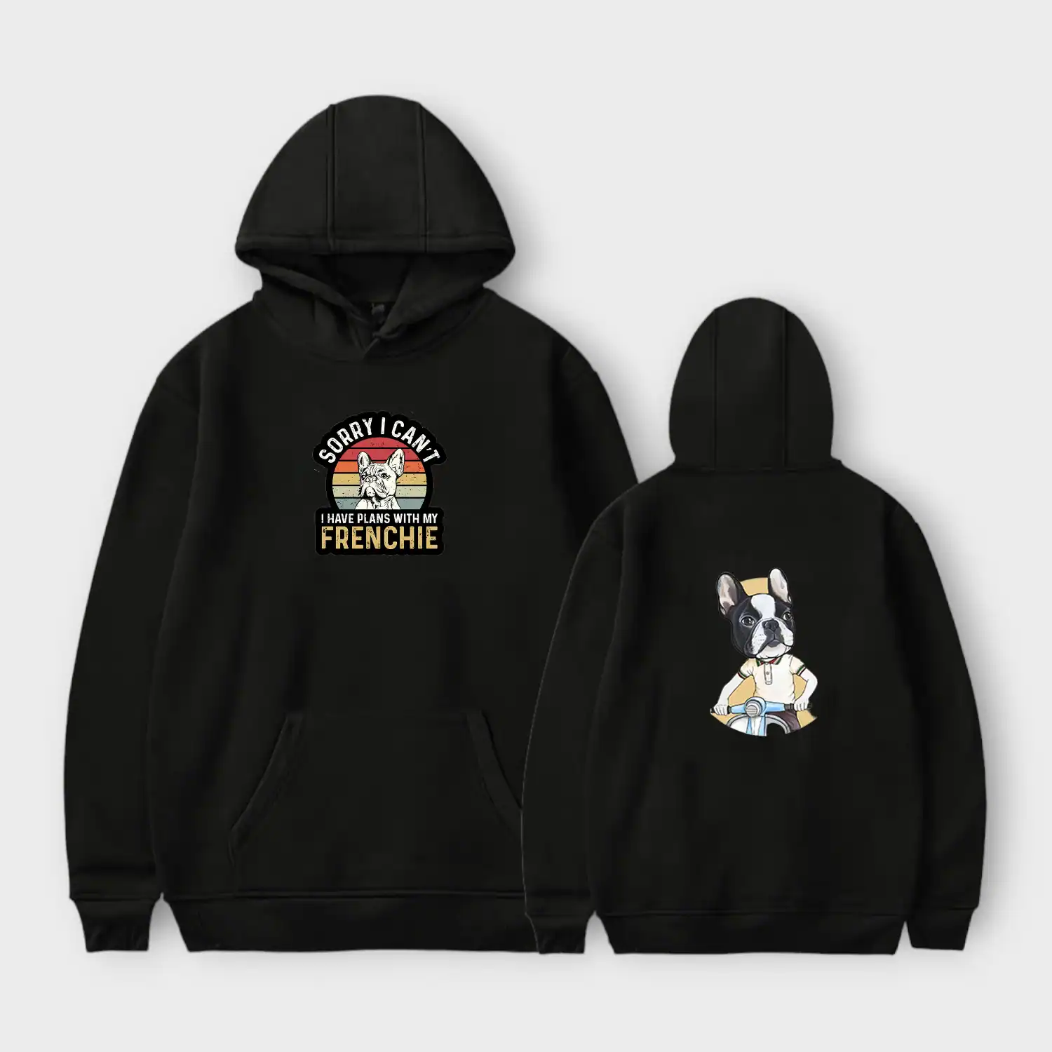 Cute French Bulldog hoodie with colorful graphic print, perfect for K-pop merchandise fans, featuring playful dog designs with humorous text.