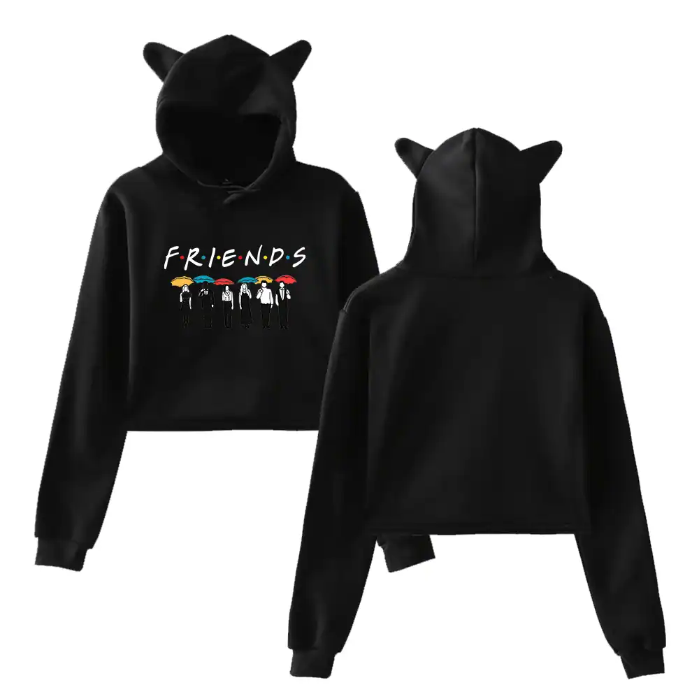 Black hooded sweatshirt with "FRIENDS" logo and cartoon graphic, featuring bear ears on the hood, perfect for K-pop fans and merch enthusiasts.