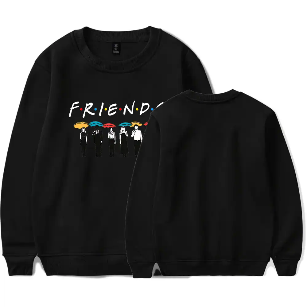 F. R. I. E. N. D. S sweatshirt with cartoon characters holding umbrellas, perfect for K-pop fans.