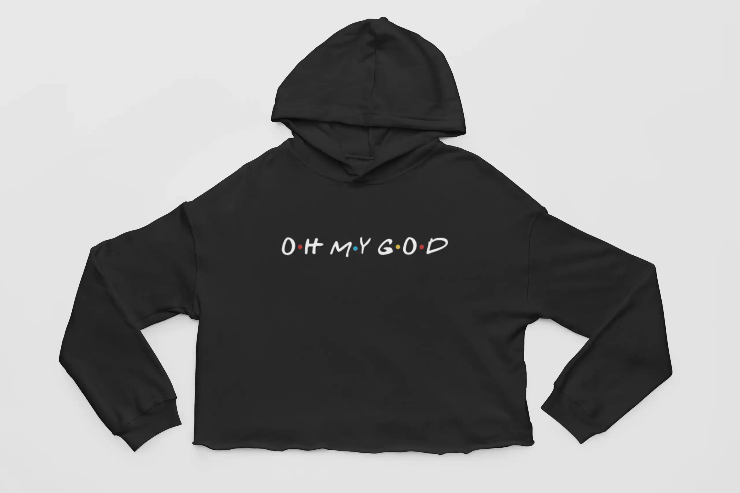 Oh my god hoodie with colorful text print, casual streetwear sweatshirt, black pullover with graphic design, trendy K-pop inspired apparel, unisex statement hoodie.