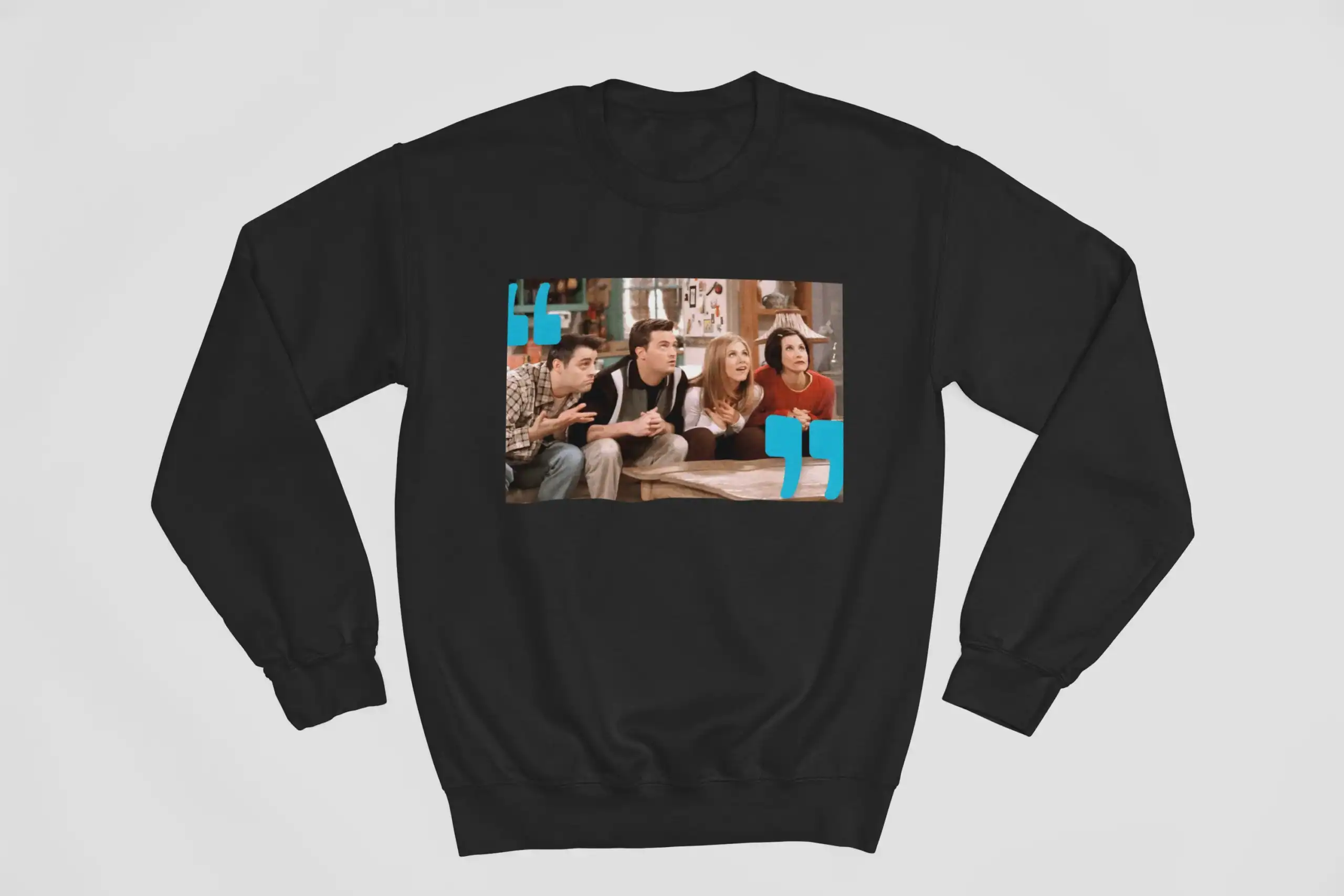 Dark gray sweatshirt featuring a scene from Friends with blue quotation marks, ideal for Kpop merchandise fans, casual and stylish.