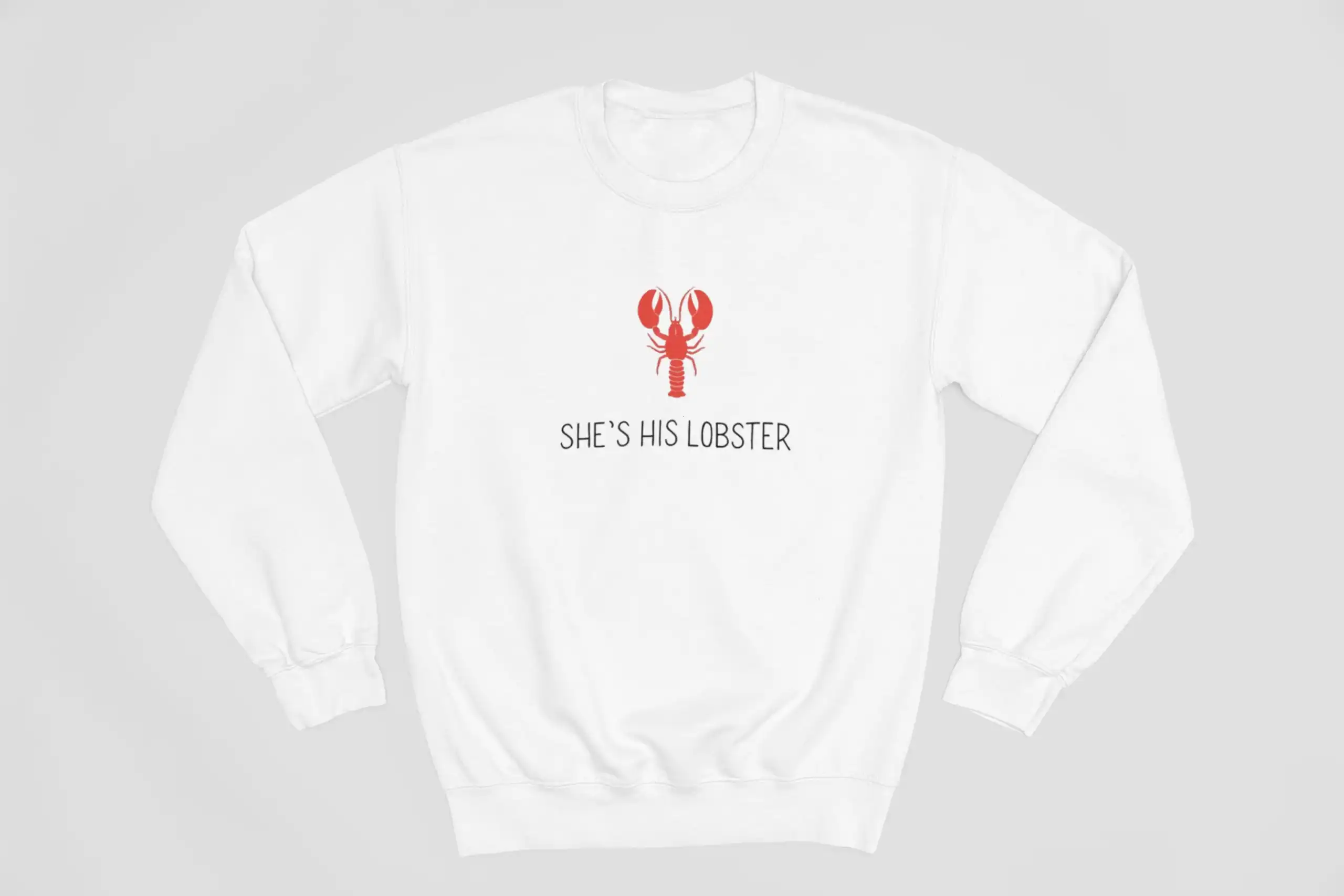 Lobster graphic sweatshirt with text "She’s his lobster" in a minimalist style, perfect for K-pop fans and merch collectors.