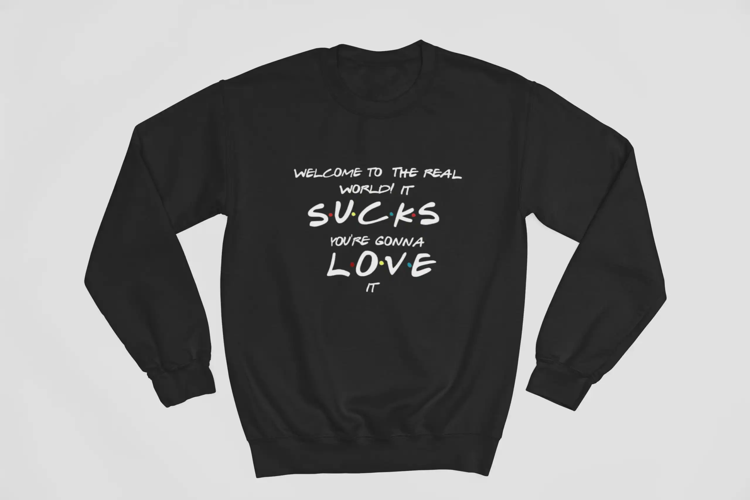 S.korean pop merchandise sweatshirt with quirky graphic and text design.