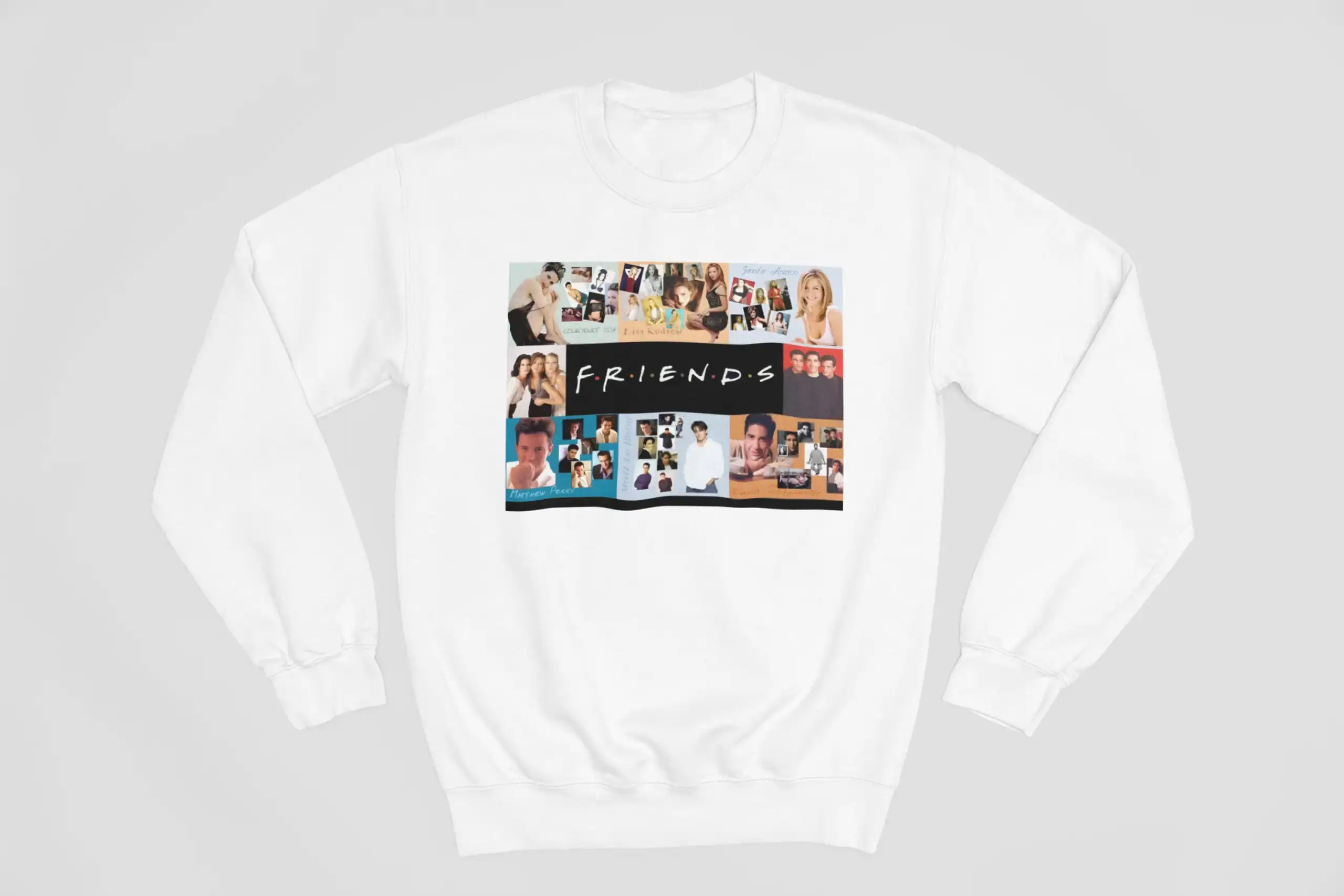 F.R.I.E.N.D.S TV show collage sweatshirt with various characters in a colorful, nostalgic design.