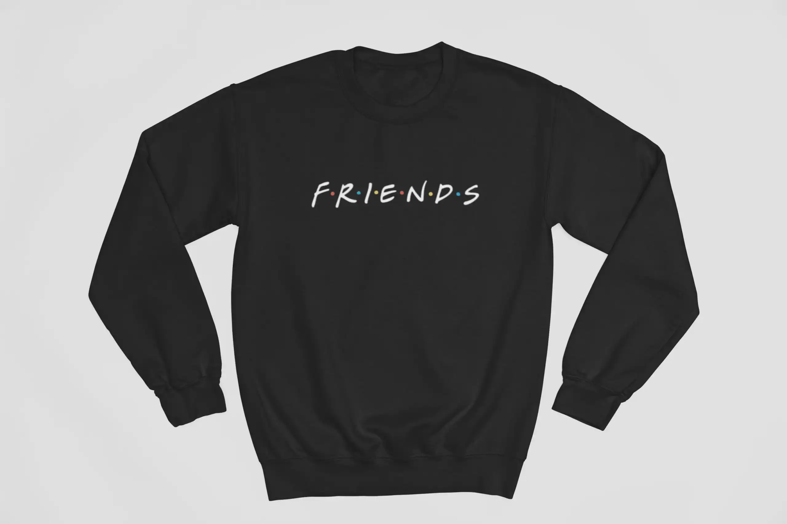 F.R.I.E.N.D.S sweatshirt with colorful dots, casual streetwear hoodie, black crewneck sweatshirt with iconic TV show logo, comfortable and trendy apparel, perfect for fans and everyday wear.